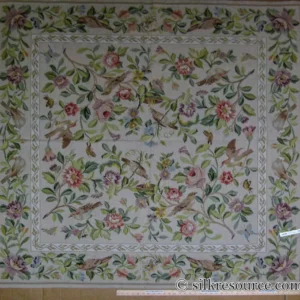 P1110362.jpg Stark Bell Gardens Tan 5x5' Flower Birds Butterfly Garland 100% Wool Rug Pink Green Yellow MSRP USD 877.50