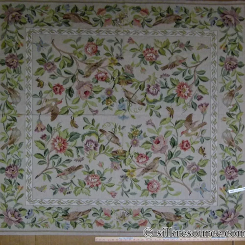 P1110362.jpg Stark Bell Gardens Tan 5x5' Flower Birds Butterfly Garland 100% Wool Rug Pink Green Yellow MSRP USD 877.50