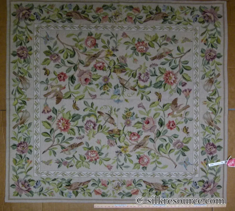 P1110362.jpg Stark Bell Gardens Tan 5x5' Flower Birds Butterfly Garland 100% Wool Rug Pink Green Yellow MSRP USD 877.50