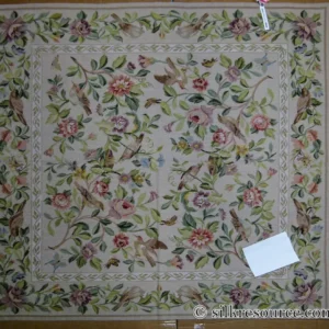 P1110364.jpg Stark Bell Gardens Tan 5x5' Flower Birds Butterfly Garland 100% Wool Rug Pink Green Yellow MSRP USD 877.50