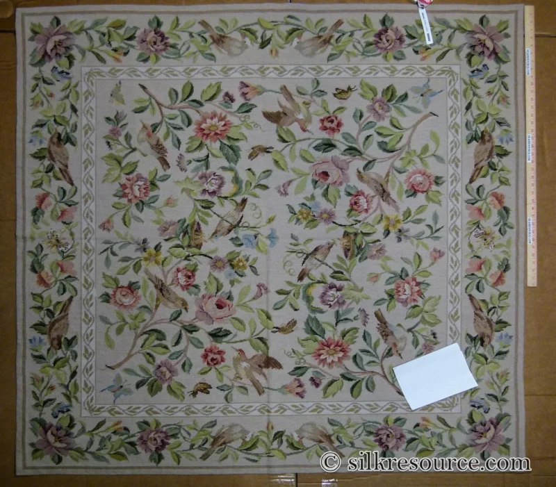 P1110364.jpg Stark Bell Gardens Tan 5x5' Flower Birds Butterfly Garland 100% Wool Rug Pink Green Yellow MSRP USD 877.50