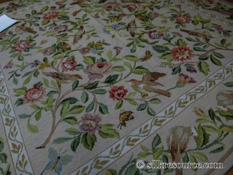 P1110365.jpg Stark Bell Gardens Tan 5x5' Flower Birds Butterfly Garland 100% Wool Rug Pink Green Yellow MSRP USD 877.50