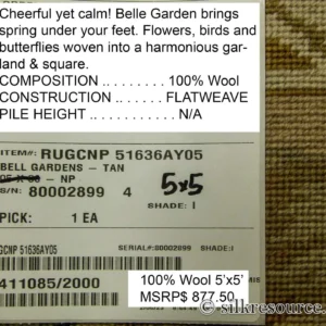 P1110367.jpg Stark Bell Gardens Tan 5x5' Flower Birds Butterfly Garland 100% Wool Rug Pink Green Yellow MSRP USD 877.50