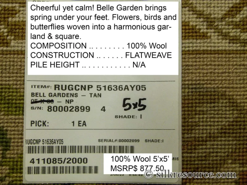 P1110367.jpg Stark Bell Gardens Tan 5x5' Flower Birds Butterfly Garland 100% Wool Rug Pink Green Yellow MSRP USD 877.50