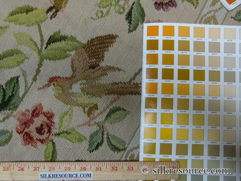 P1110369.jpg Stark Bell Gardens Tan 5x5' Flower Birds Butterfly Garland 100% Wool Rug Pink Green Yellow MSRP USD 877.50