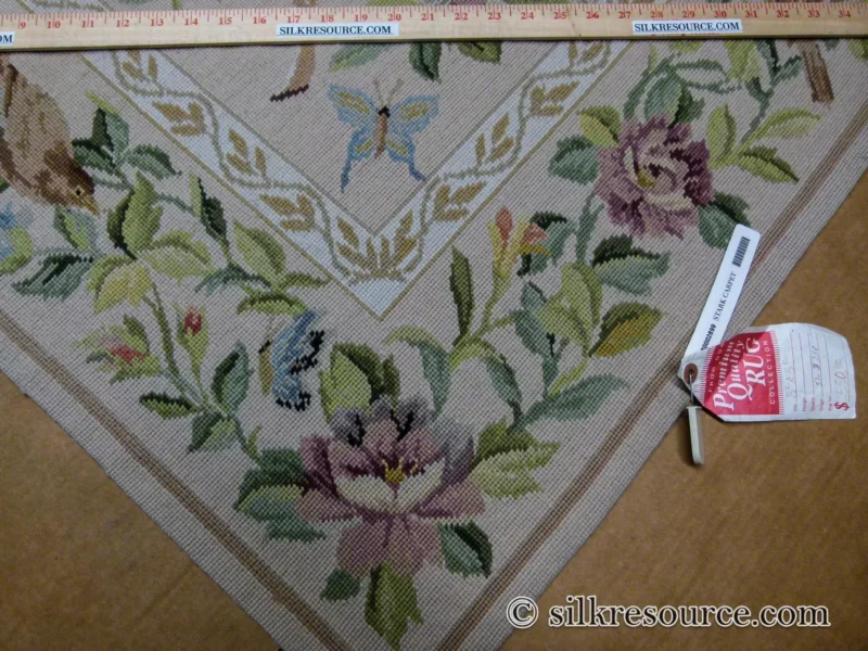 P1110371.jpg Stark Bell Gardens Tan 5x5' Flower Birds Butterfly Garland 100% Wool Rug Pink Green Yellow MSRP USD 877.50