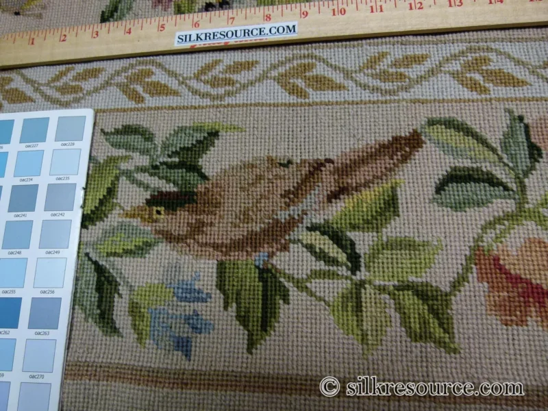 P1110372.jpg Stark Bell Gardens Tan 5x5' Flower Birds Butterfly Garland 100% Wool Rug Pink Green Yellow MSRP USD 877.50