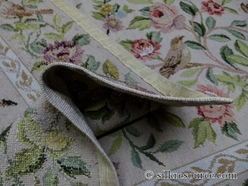 P1110373.jpg Stark Bell Gardens Tan 5x5' Flower Birds Butterfly Garland 100% Wool Rug Pink Green Yellow MSRP USD 877.50