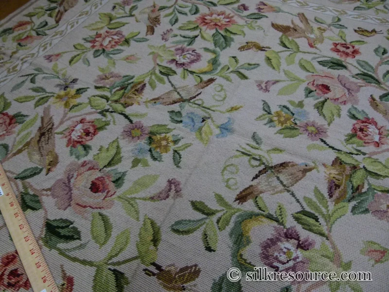 P1110374.jpg Stark Bell Gardens Tan 5x5' Flower Birds Butterfly Garland 100% Wool Rug Pink Green Yellow MSRP USD 877.50