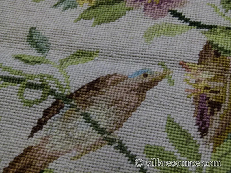 P1110375.jpg Stark Bell Gardens Tan 5x5' Flower Birds Butterfly Garland 100% Wool Rug Pink Green Yellow MSRP USD 877.50