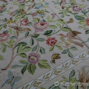 P1110376.jpg Stark Bell Gardens Tan 5x5' Flower Birds Butterfly Garland 100% Wool Rug Pink Green Yellow MSRP USD 877.50