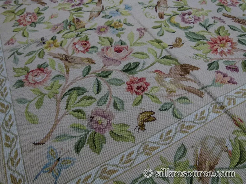 P1110376.jpg Stark Bell Gardens Tan 5x5' Flower Birds Butterfly Garland 100% Wool Rug Pink Green Yellow MSRP USD 877.50