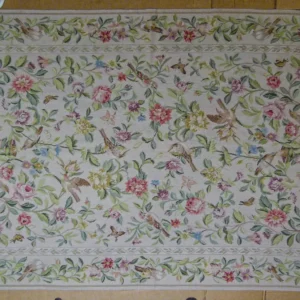 P1110390.jpg Stark Bell Gardens Tan 8' X 5' Flower Birds Butterfly Garland 100% Wool Rug Pink Green Yellow MSRP USD 1300