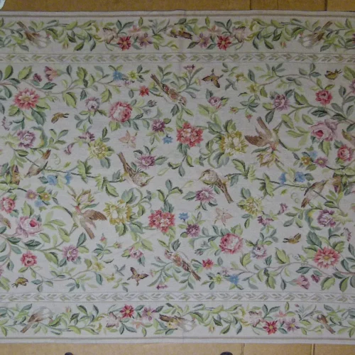 P1110390.jpg Stark Bell Gardens Tan 8' X 5' Flower Birds Butterfly Garland 100% Wool Rug Pink Green Yellow MSRP USD 1300