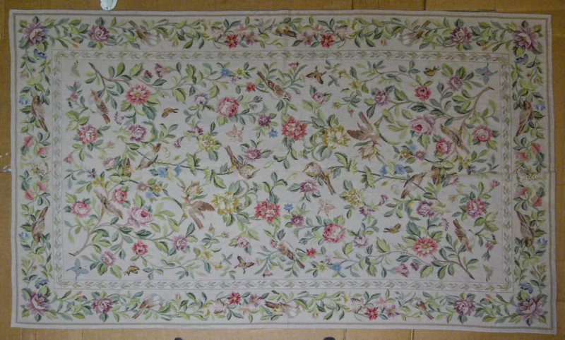 P1110390.jpg Stark Bell Gardens Tan 8' X 5' Flower Birds Butterfly Garland 100% Wool Rug Pink Green Yellow MSRP USD 1300