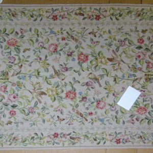 P1110391.jpg Stark Bell Gardens Tan 8' X 5' Flower Birds Butterfly Garland 100% Wool Rug Pink Green Yellow MSRP USD 1300
