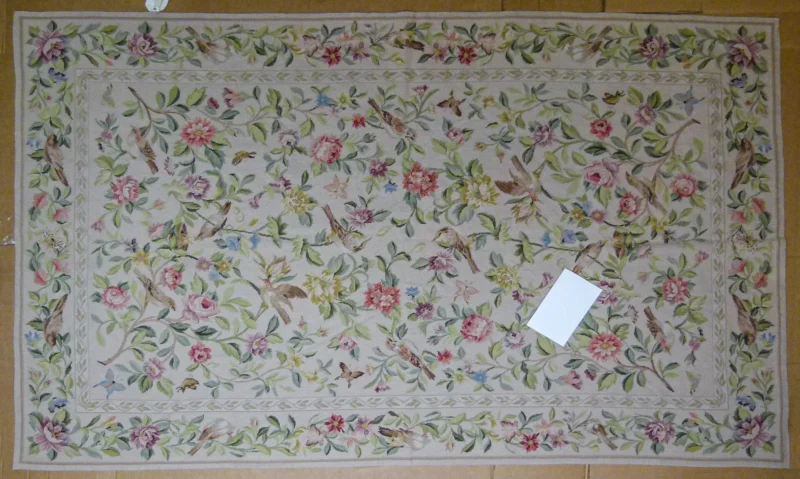 P1110391.jpg Stark Bell Gardens Tan 8' X 5' Flower Birds Butterfly Garland 100% Wool Rug Pink Green Yellow MSRP USD 1300