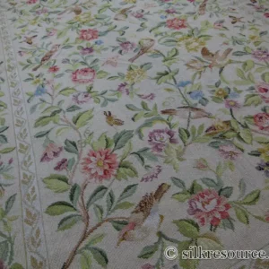 P1110392.jpg Stark Bell Gardens Tan 8' X 5' Flower Birds Butterfly Garland 100% Wool Rug Pink Green Yellow MSRP USD 1300