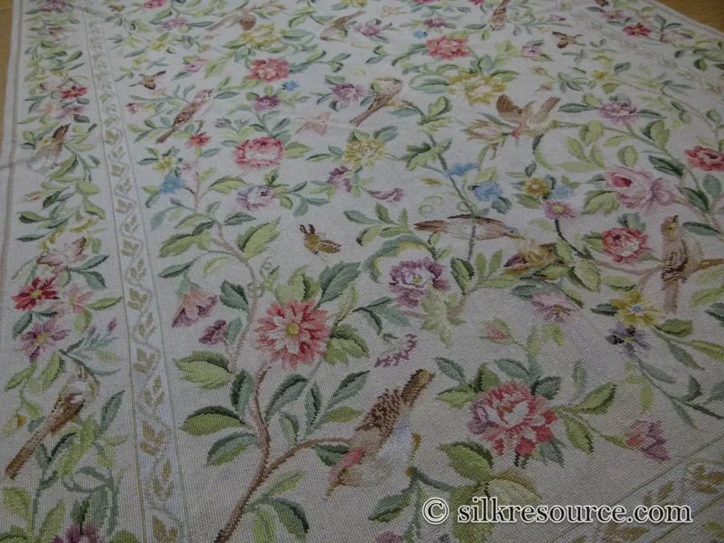 P1110392.jpg Stark Bell Gardens Tan 8' X 5' Flower Birds Butterfly Garland 100% Wool Rug Pink Green Yellow MSRP USD 1300