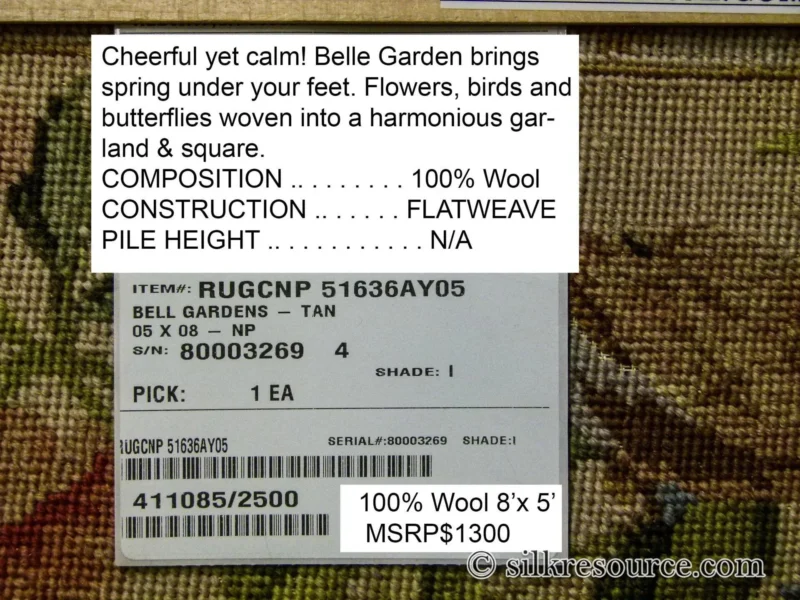 P1110393.jpg Stark Bell Gardens Tan 8' X 5' Flower Birds Butterfly Garland 100% Wool Rug Pink Green Yellow MSRP USD 1300