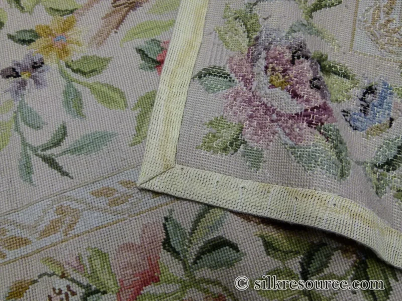P1110396.jpg Stark Bell Gardens Tan 8' X 5' Flower Birds Butterfly Garland 100% Wool Rug Pink Green Yellow MSRP USD 1300