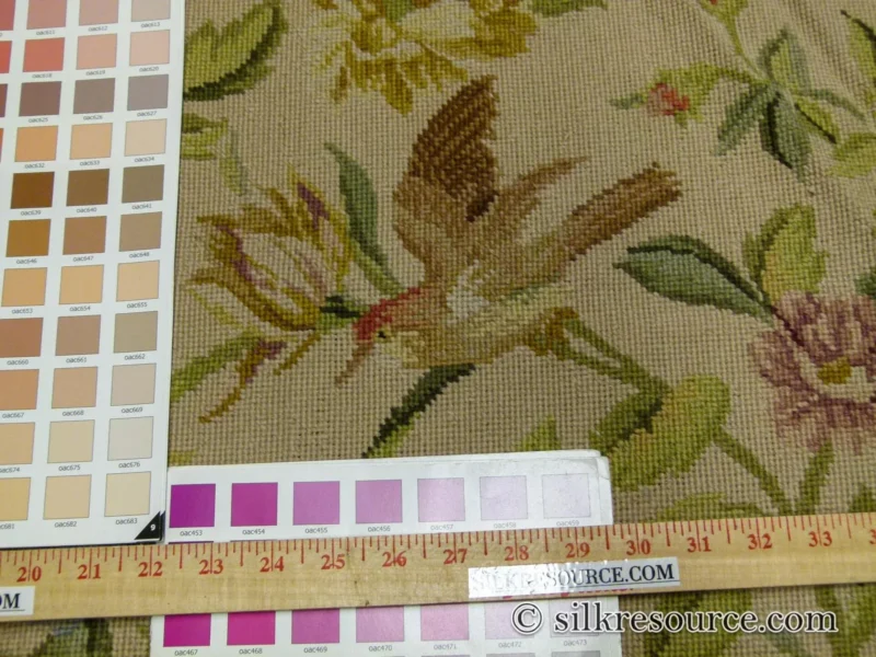 P1110398.jpg Stark Bell Gardens Tan 8' X 5' Flower Birds Butterfly Garland 100% Wool Rug Pink Green Yellow MSRP USD 1300