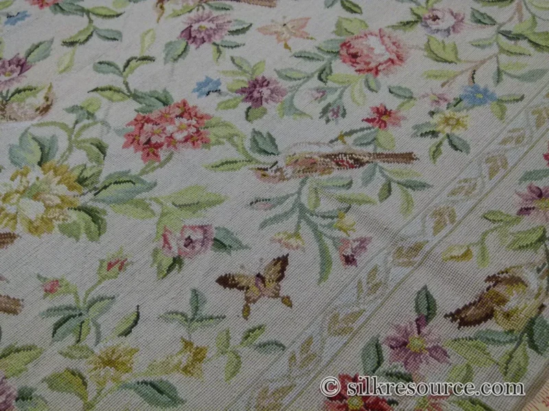 P1110402.jpg Stark Bell Gardens Tan 8' X 5' Flower Birds Butterfly Garland 100% Wool Rug Pink Green Yellow MSRP USD 1300