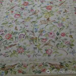 P1110403.jpg Stark Bell Gardens Tan 8' X 5' Flower Birds Butterfly Garland 100% Wool Rug Pink Green Yellow MSRP USD 1300