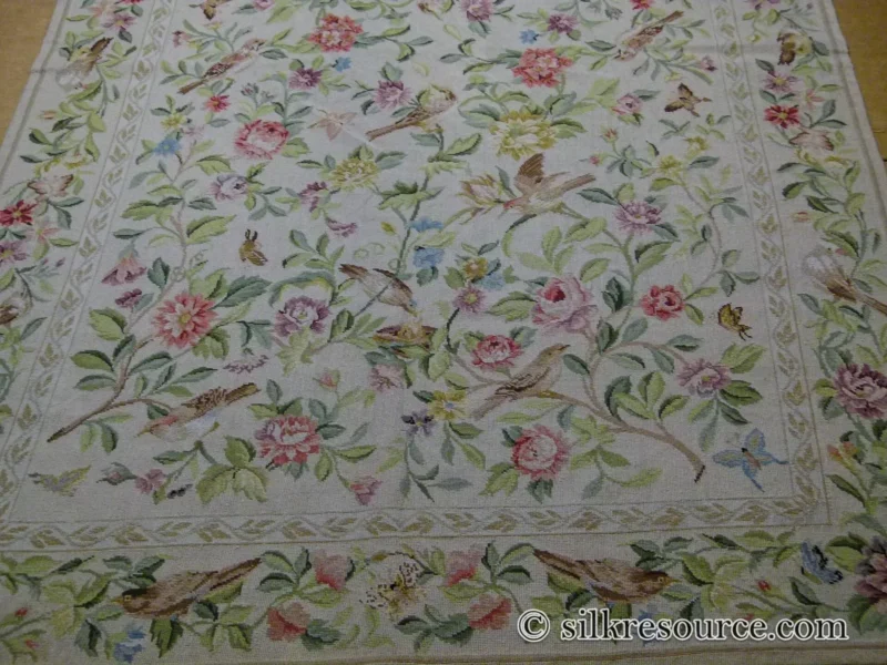 P1110403.jpg Stark Bell Gardens Tan 8' X 5' Flower Birds Butterfly Garland 100% Wool Rug Pink Green Yellow MSRP USD 1300