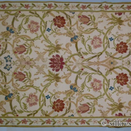 Stark Hay River Burly Wood 6'6" X10' Wool Needlepoint Fine Handmade Rug Renaissance Tulips Rose Iris Red Pink Blue Sage Green MSRP USD 1900