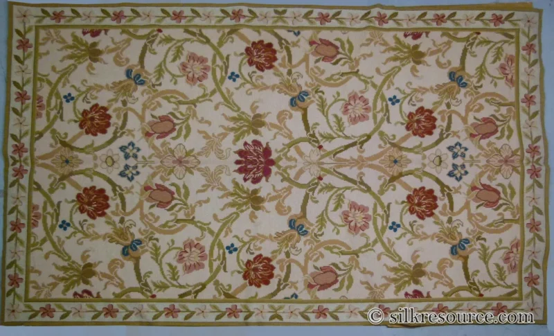P1110433.jpg Stark Hay River Burly Wood 6'6" X10' Wool Needlepoint Fine Handmade Rug Renaissance Tulips Rose Iris Red Pink Blue Sage Green MSRP USD 1900