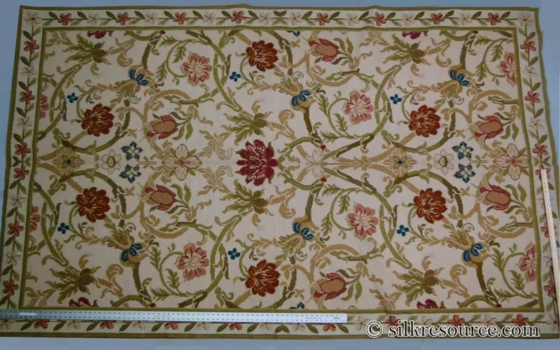 P1110442.jpg Stark Hay River Burly Wood 6'6" X10' Wool Needlepoint Fine Handmade Rug Renaissance Tulips Rose Iris Red Pink Blue Sage Green MSRP USD 1900