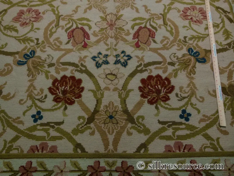 P1110448.jpg Stark Hay River Burly Wood 6'6" X10' Wool Needlepoint Fine Handmade Rug Renaissance Tulips Rose Iris Red Pink Blue Sage Green MSRP USD 1900