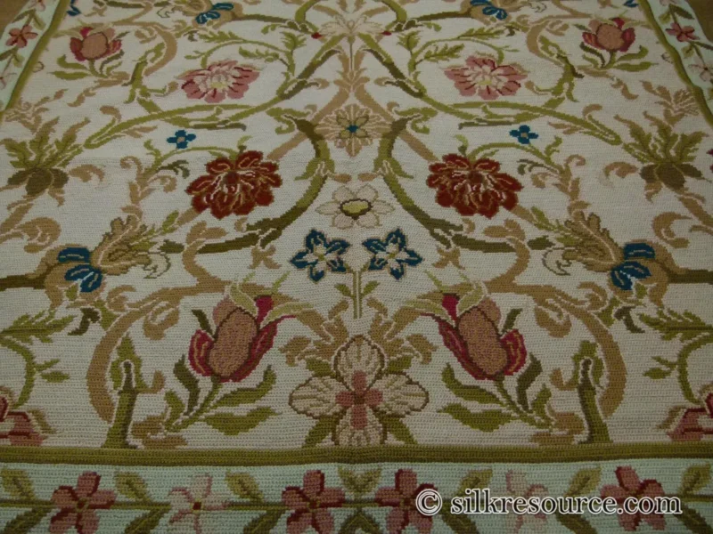 P1110452.jpg Stark Hay River Burly Wood 6'6" X10' Wool Needlepoint Fine Handmade Rug Renaissance Tulips Rose Iris Red Pink Blue Sage Green MSRP USD 1900