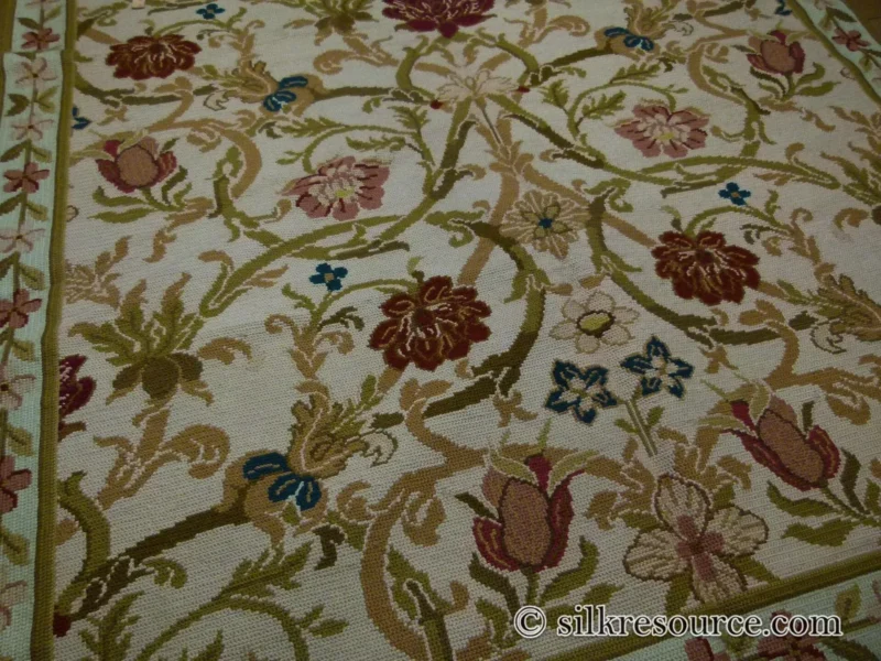 P1110454.jpg Stark Hay River Burly Wood 6'6" X10' Wool Needlepoint Fine Handmade Rug Renaissance Tulips Rose Iris Red Pink Blue Sage Green MSRP USD 1900