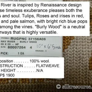 P1110455.jpg Stark Hay River Burly Wood 6'6" X10' Wool Needlepoint Fine Handmade Rug Renaissance Tulips Rose Iris Red Pink Blue Sage Green MSRP USD 1900