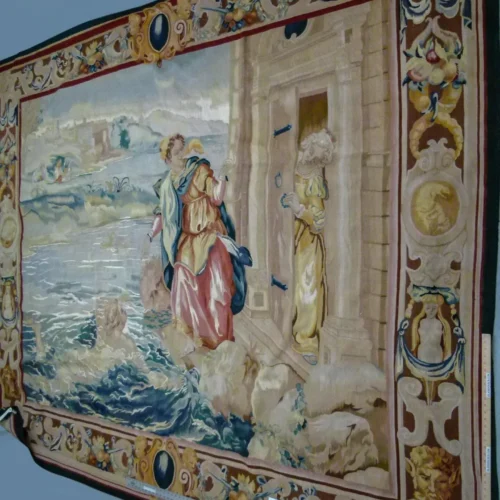 P1110456.jpg Stark Ilebo Silver 9x10'5" Aubusson Flemish Tapestry Wool Sea Ocean Port Figures Huge! MSRP USD 15000+