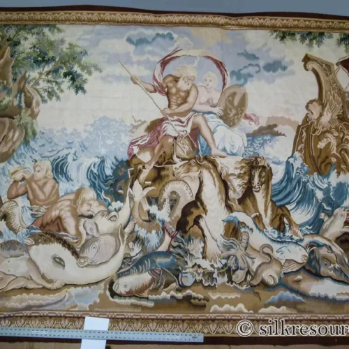 P1110502.jpg Stark Ilam in Linen 8'x11' 100% Wool Tapestry Poseidone God Of Ocean Amphitrite Goddess Horses Merman Seal Fish Huge MSRP USD 12000