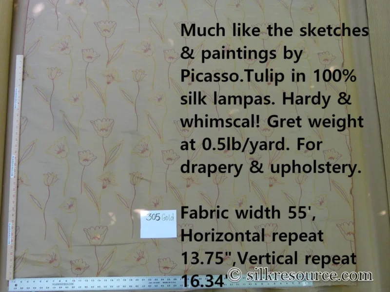 P1110818text 100% Silk Lampas Tulip "Gold" Antique Gold Mod Picasso Modern Abstract Flora Thick MSRP USD 300+/Y