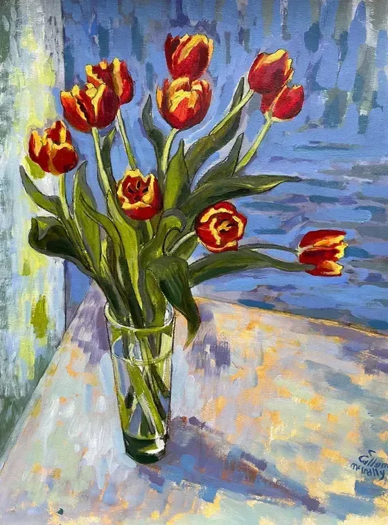 Picasso Tulip Red gold 100% Silk Lampas Tulip "rust" Red Mod Picasso Modern Abstract Flora Thick MSRP USD 300+/Y