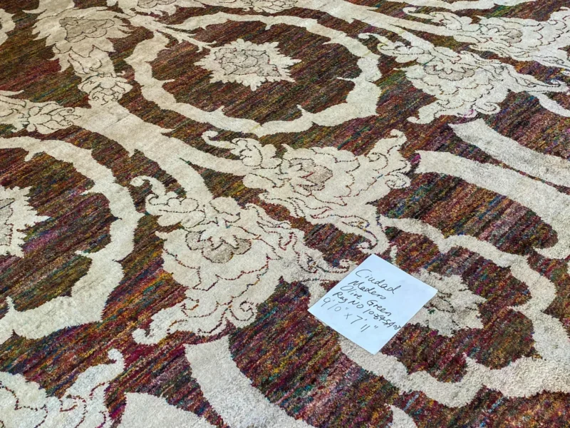 IMG_4869 Stark Ciudad Madero Olive Green Silk Rug Hand Knotted Classic Medallion Damask 8x10' MSRP USD16200