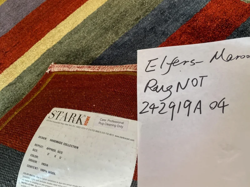 IMG_4947 Stark Elfers Maroon Stripe 100% Silk Rug 4x6' Red Gold Black Stripe MSRP 00