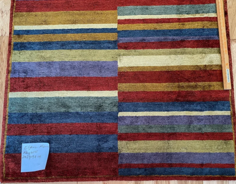 IMG_4953 Stark Elfers Maroon Stripe 100% Silk Rug 4x6' Red Gold Black Stripe MSRP 00