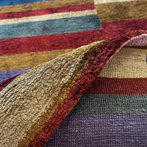 IMG_4956 Stark Elfers Maroon Stripe 100% Silk Rug 4x6' Red Gold Black Stripe MSRP 00