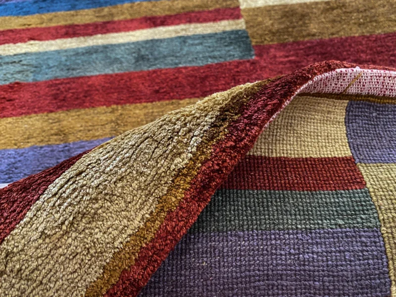 IMG_4956 Stark Elfers Maroon Stripe 100% Silk Rug 4x6' Red Gold Black Stripe MSRP 00