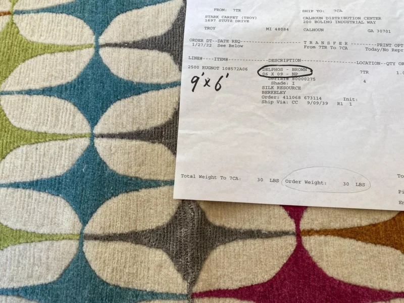 IMG_5104 Stark DELPHOS BROWN Modern Wool Silk Hand Knotted Colorful Egg Green Pink Blue Cream 6x9' MSRP USD 12,000