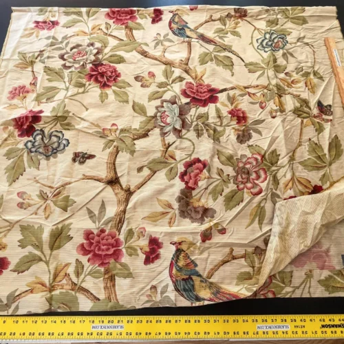 IMG_5200 9 Berkbox52 2.4 yards Scalamandre Printed Silk Faisan Chinoiserie Foliage Bird Floral Red on Gold