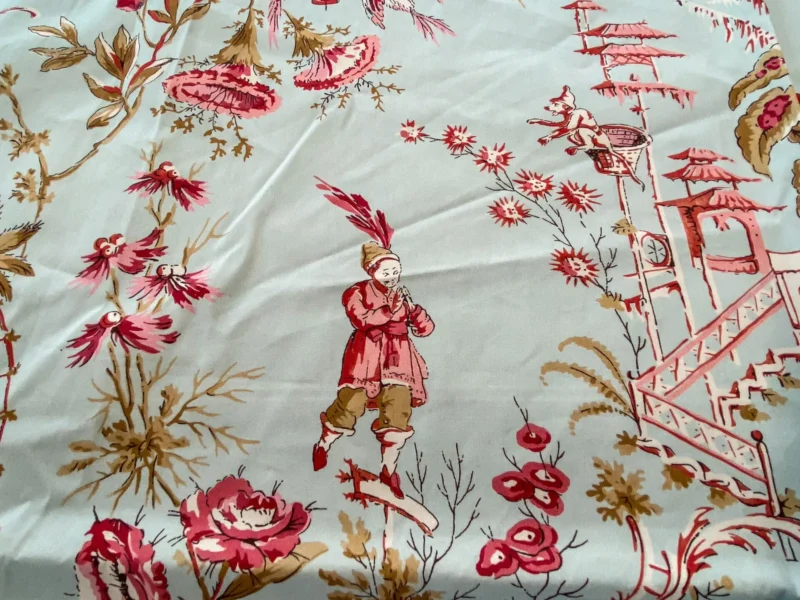 IMG_5339 20 Berkbox56 1.2 yard Scalamandre Sky blue Red Chinoiserie Toile Floral Print Minor Defect