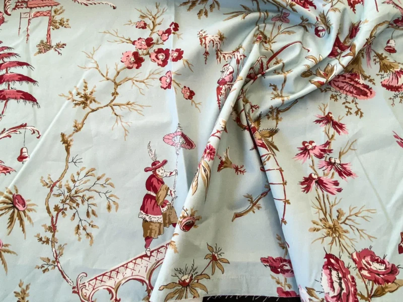 IMG_5340 20 Berkbox56 1.2 yard Scalamandre Sky blue Red Chinoiserie Toile Floral Print Minor Defect