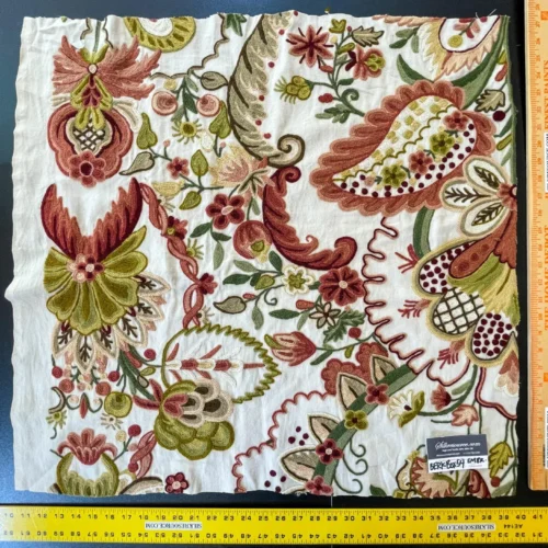 IMG_5484 10 Berkbox54  27x27" Scalamandre Square Floral Red and Green Crewel Embroidery Magnificent Lalita  MSRP USD494/Y